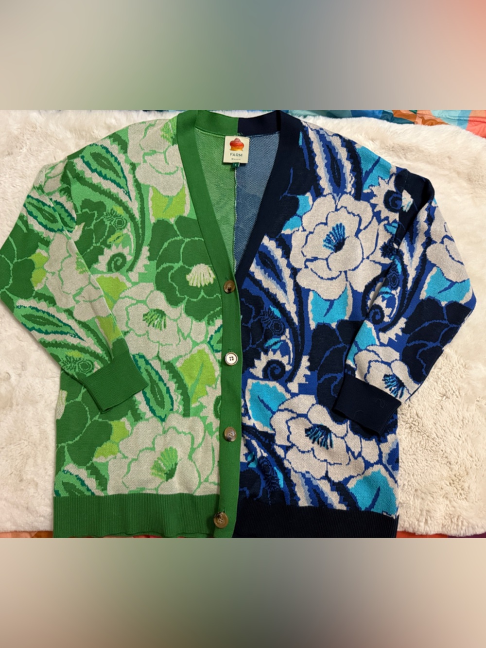 FARM Rio Green and Blue Floral Patchwork Cardigan